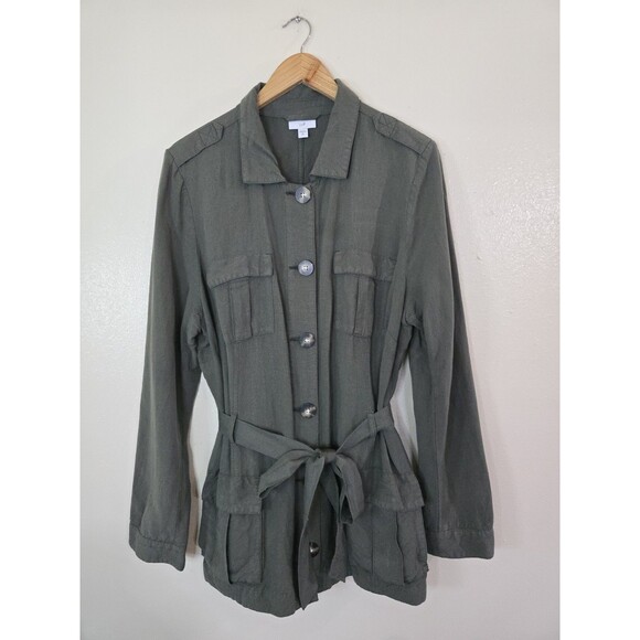 J Jill XL Tall Olive Green Military Utility Tie Waist Button Front Jacket Linen - Picture 1 of 10